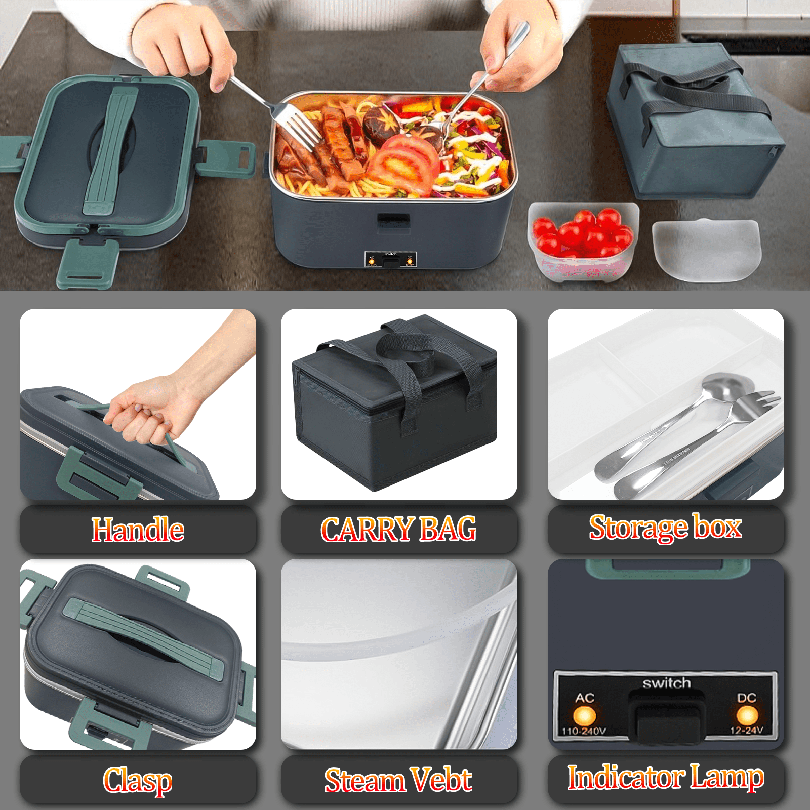 Electric Heated Lunch Box 100W -1.8L Fast Self Heating Lunch Boxes Portable Food Heater for Adults,12V/24V/110V with Leak-Proof Compartment Lid for Car Truck Office Home Green (3 Times Faster)