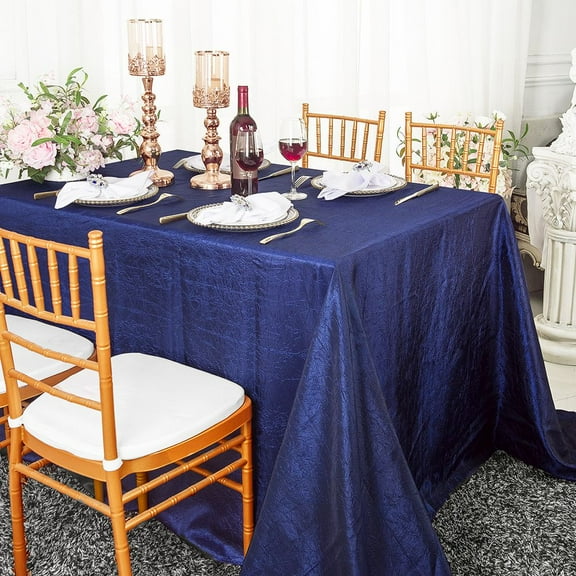 Wedding Linens Inc. 90"x156" Rectangular Seamless Crushed Crinkle Taffeta Crinkle Tablecloth - Navy Blue