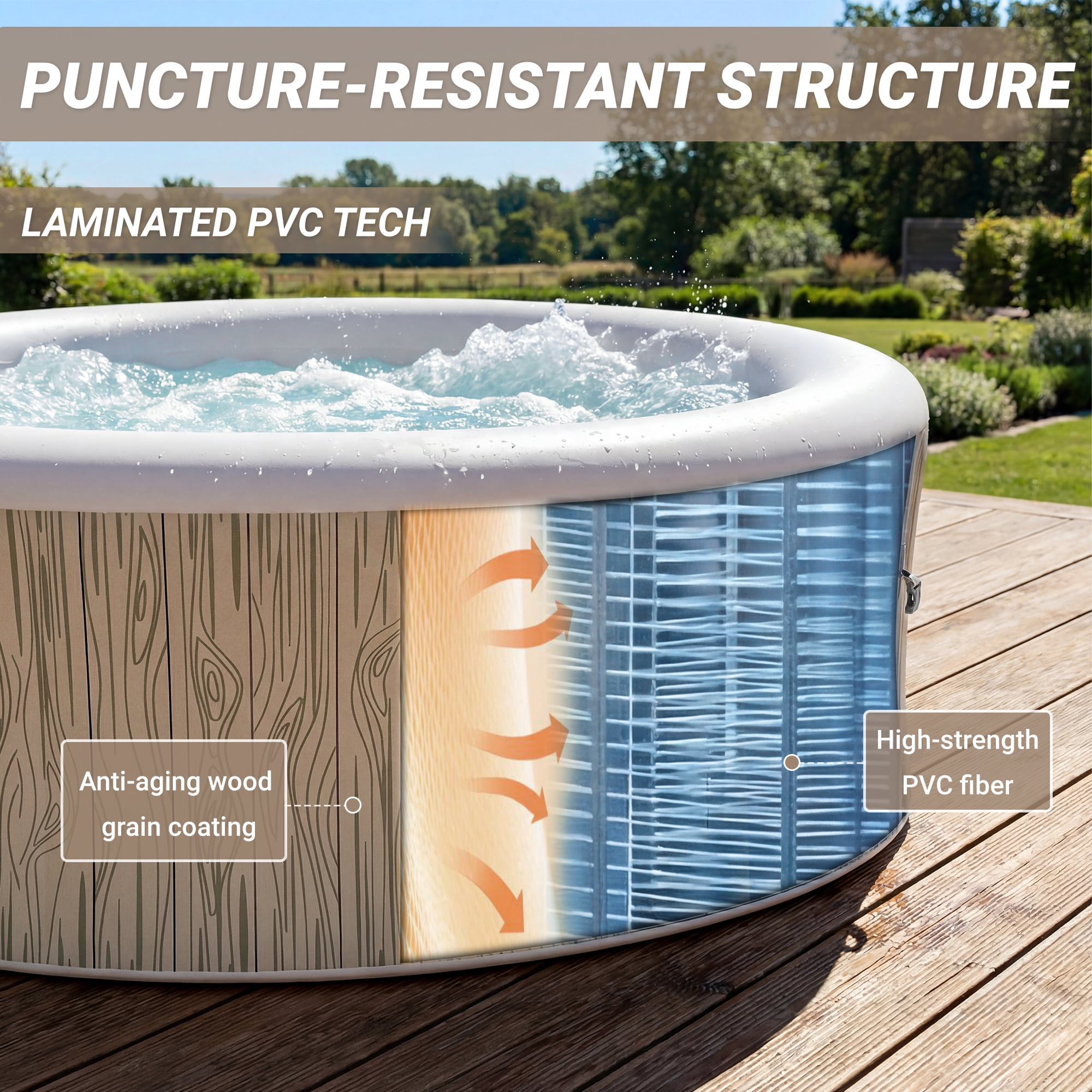 Seizeen Inflatable Hot Tub for 6-8 Person, Outdoor Blow Up Hot Tub 80'' Round Wood Grain, Multifunctional Portable Home SPA with 140 Bubble Jets, Heating & Filtration System, Cover