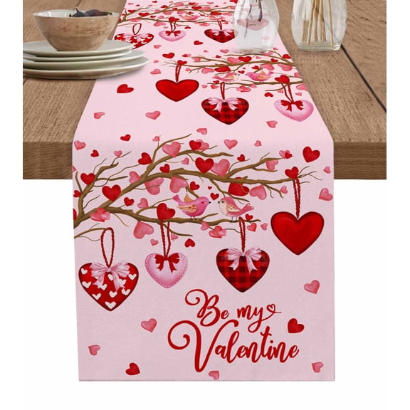 Valentine's Day, Table Runner Valentine Tree Red Hearts Love Plaid Tablerunners 13 x 36 Inch, Table Decorations Tabletop Scarf for Summer Gathering Holiday Farmhouse Kitchen Dining Decor