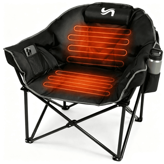 ABORON Oversized Heated Camping Chair with Pillow, Outdoor Portable Heated Folding Chairs, Heating Lawn Chair for Camping and Outdoor Sports - Black