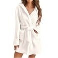 thumbnail image 2 of Feancey Back to College Deals Short Plush Robes for Women Plus Size Fleece Hooded Robe Cozy Fuzzy Warm Loungewear Pajamas Winter Soft Bathrobe with Pockets White XL, 2 of 6
