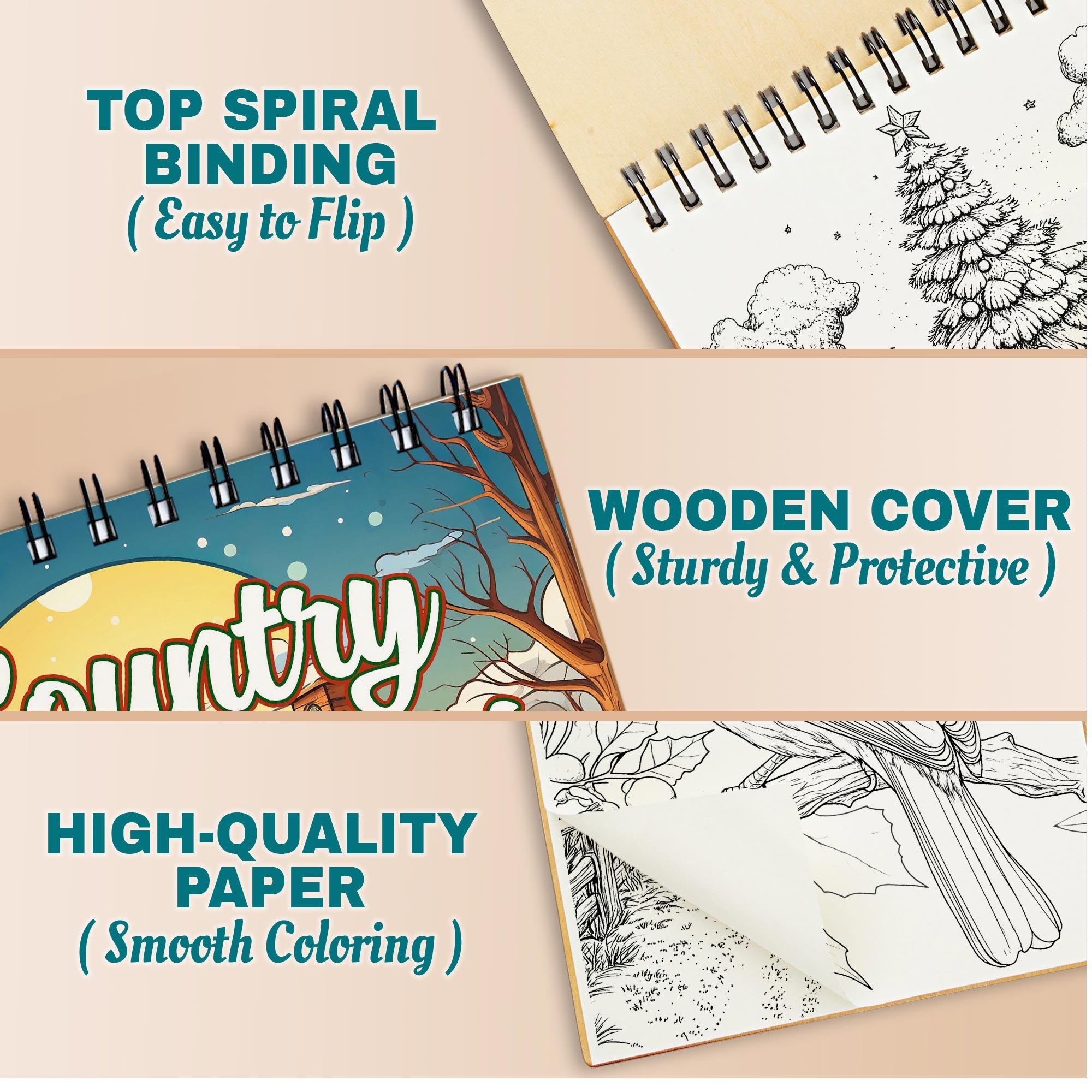 Netecom Country Christmas Coloring Book Spiral Bound for Adults, A5 Wooden Cover, 30 Stunning Coloring Pages of Winter Landscapes for Stress Relief and Relaxation