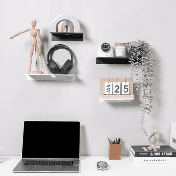 Small Floating Shelves, Mini Speaker Shelf, Self Adhesive Small Wall Mount Metal Shelves with Cable Clip, Display Shelf for Cameras Monitor Routers, Matt Black, 6 inch