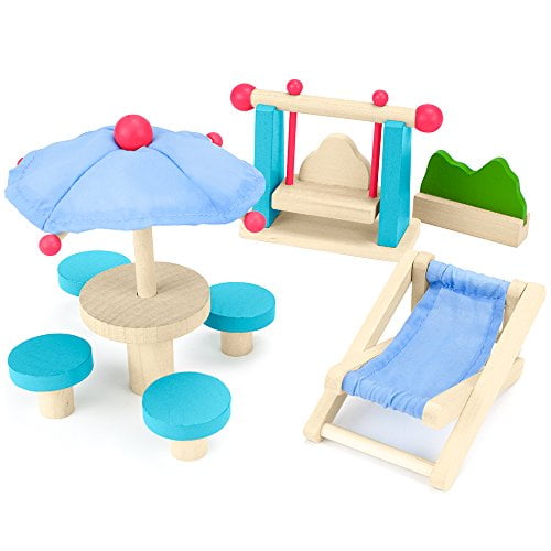 Imagination Generation Playful Patio Colorful Wooden Set for 2- 4' Dolls Dollhouse Furniture, 8 Pieces