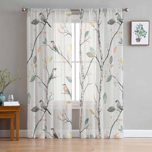 Vintage Botanical Sheer Curtains 96 Inch Length 2 Panels Set for Living Room/Bedroom, Birds Branch Watercolor Leaf Semi Curtain Sheers Drapes Rod Pocket Curtains Window Treatment Set 52''x96''x2