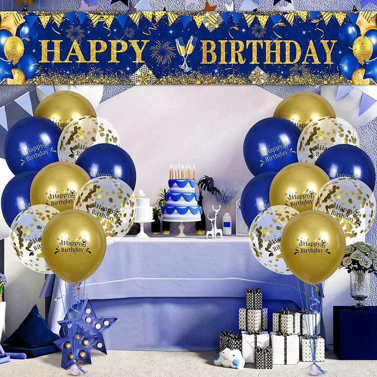 Blue Happy Birthday Decorations for Men Women, Navy Blue and Gold ...