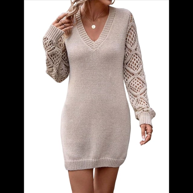 Suéter Ajustado de Crochet con Aberturas para Mujer, Vestido Sexy, Informal, Elegante, de Larga, con Cuello en V. Albaricoque L