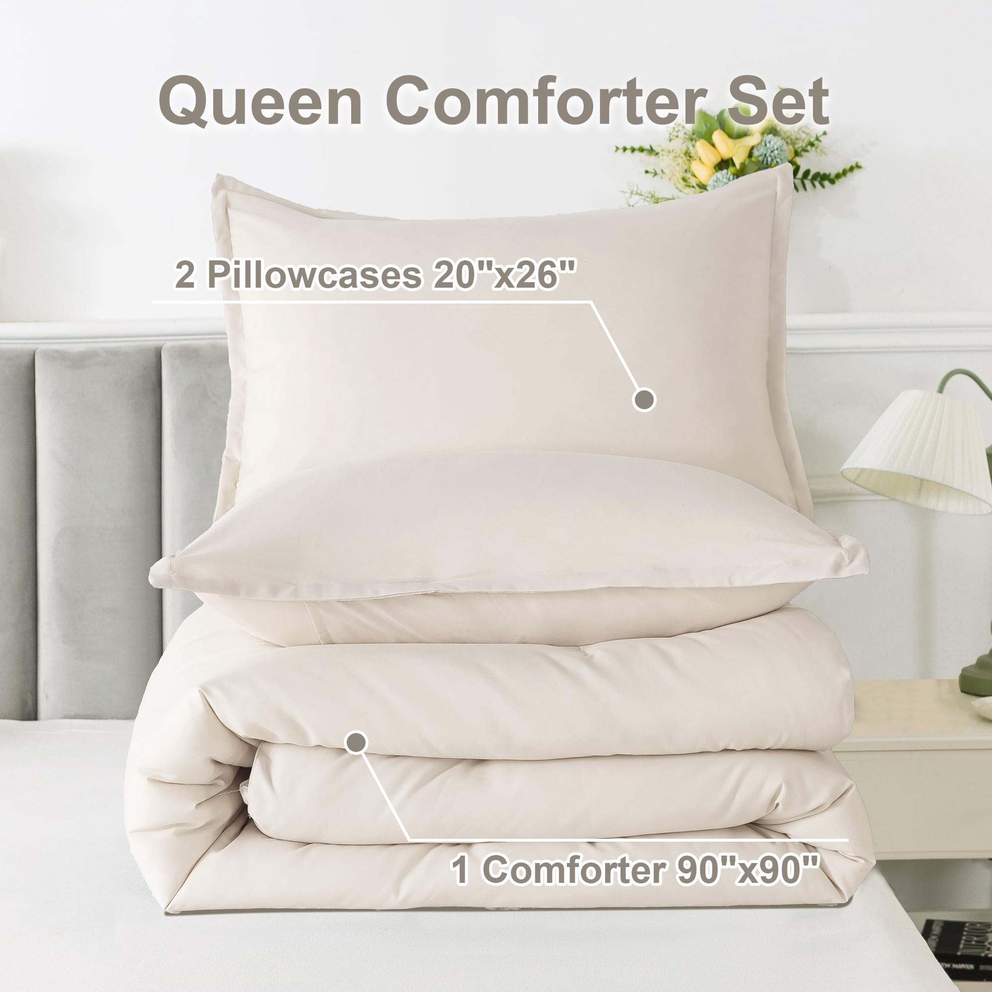 Andency Queen Comforter Set Beige, 3 Pieces Soft Fluffy Bedding Comforter Sets for Queen Bed, Solid Lightweight Microfiber Down Alternative Bed Set(1 Comforter & 2 Pillowcases)
