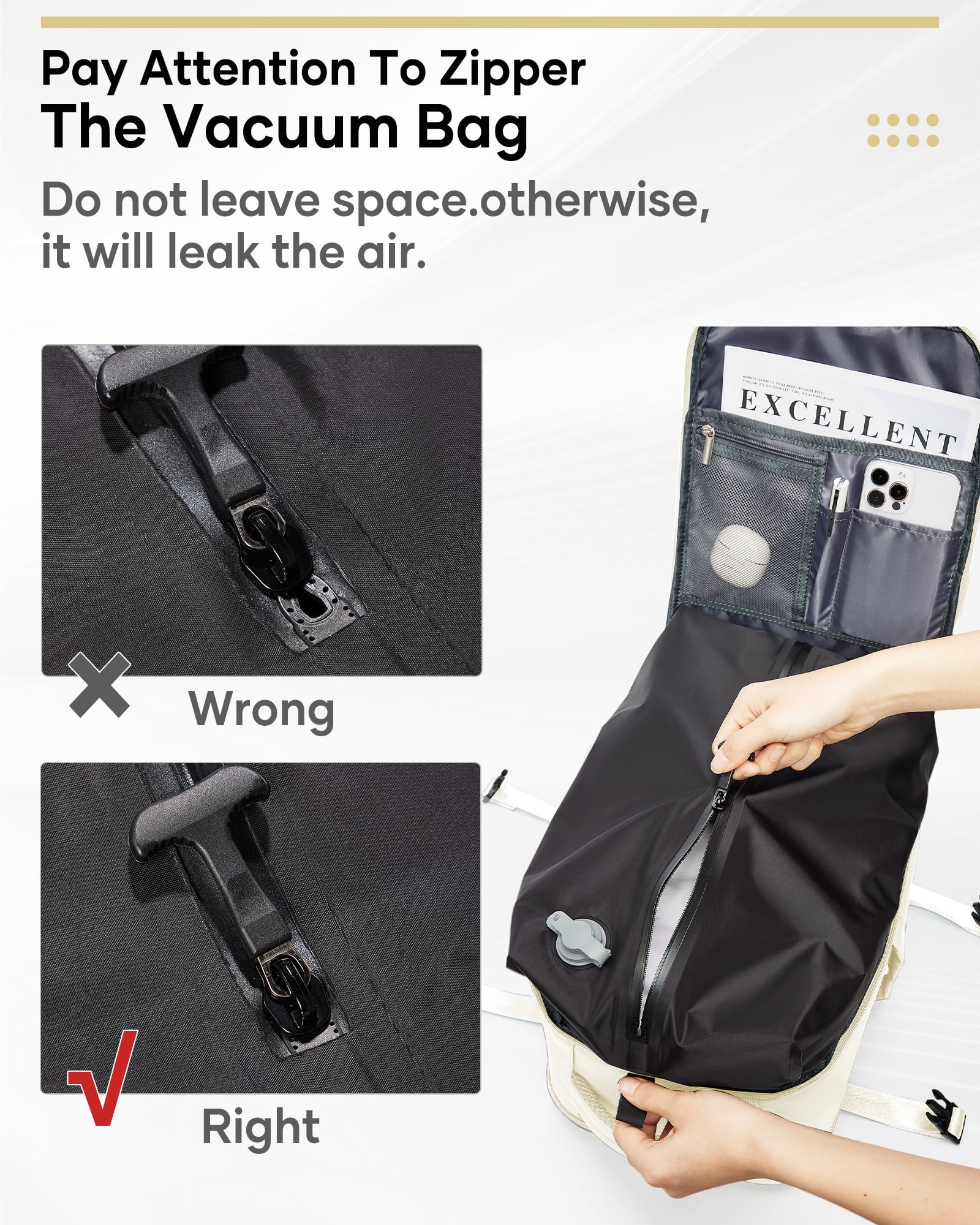 Travel Vacuum Seal Backpack with Compression for Women, Personal Item Bag United Airlines Approved, Waterproof Backpack with Air Pump, Backpack Airbag Mochila Bolso de Compression, Beige