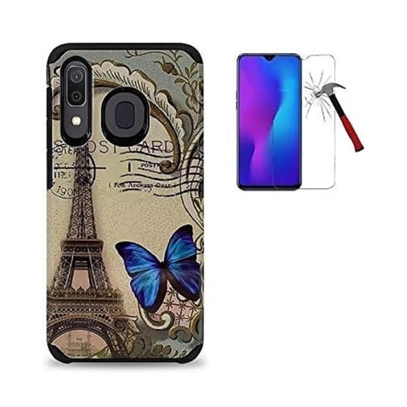 For Samsung Galaxy A20 /A205G / A30 / A50 / A505G / Verizon Galaxy A50 Case, Shockproof Slim Hard Cover Protective Case Tempered Glass Screen Protector (Tower Blue Butterfly)