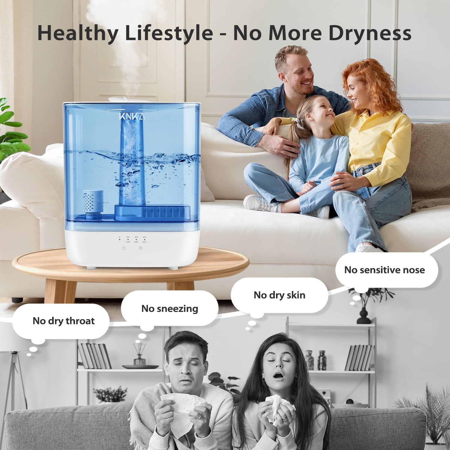 KNKA Humidifier, 6L Humidifier for Room, Cool Mist Humidifier for Home, Baby, and Bedroom, Quiet, Top-Fill, 360° Nozzle, 60-Hour Runtime, White
