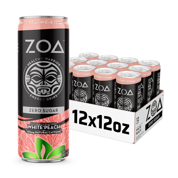 ZOA Zero Sugar Energy Drink, White Peach 12oz (12Pack)