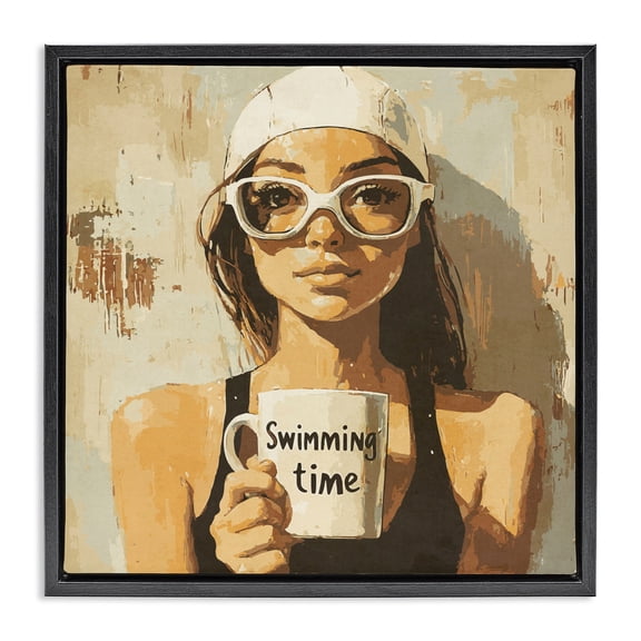 Stupell Industries Swimming Mug Girl Black Framed Floater Canvas Wall Art, design by Layla Oz