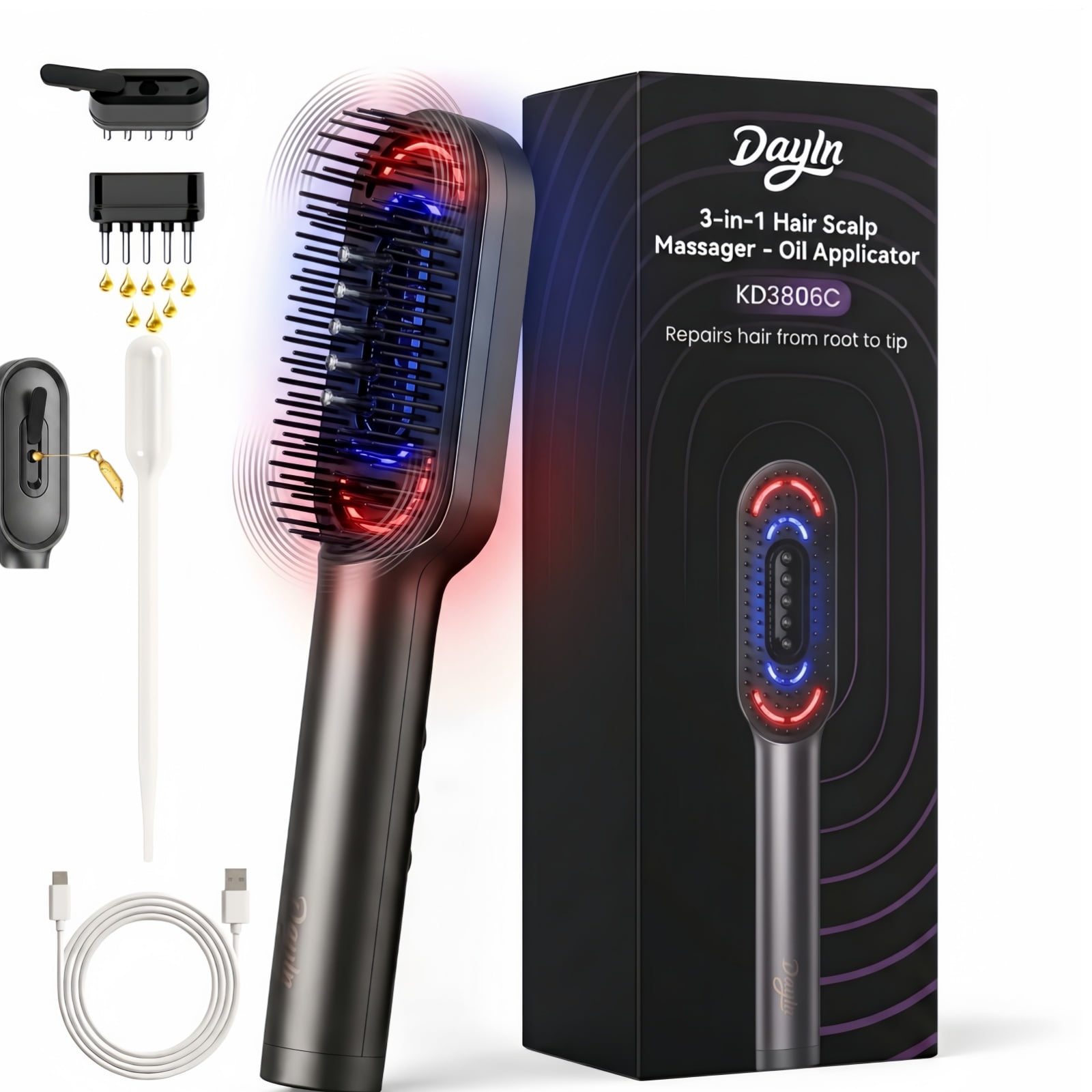 DayIn Electric Scalp Massager & Hair Oil Applicator, Red Light Comb, Cordless, Gray