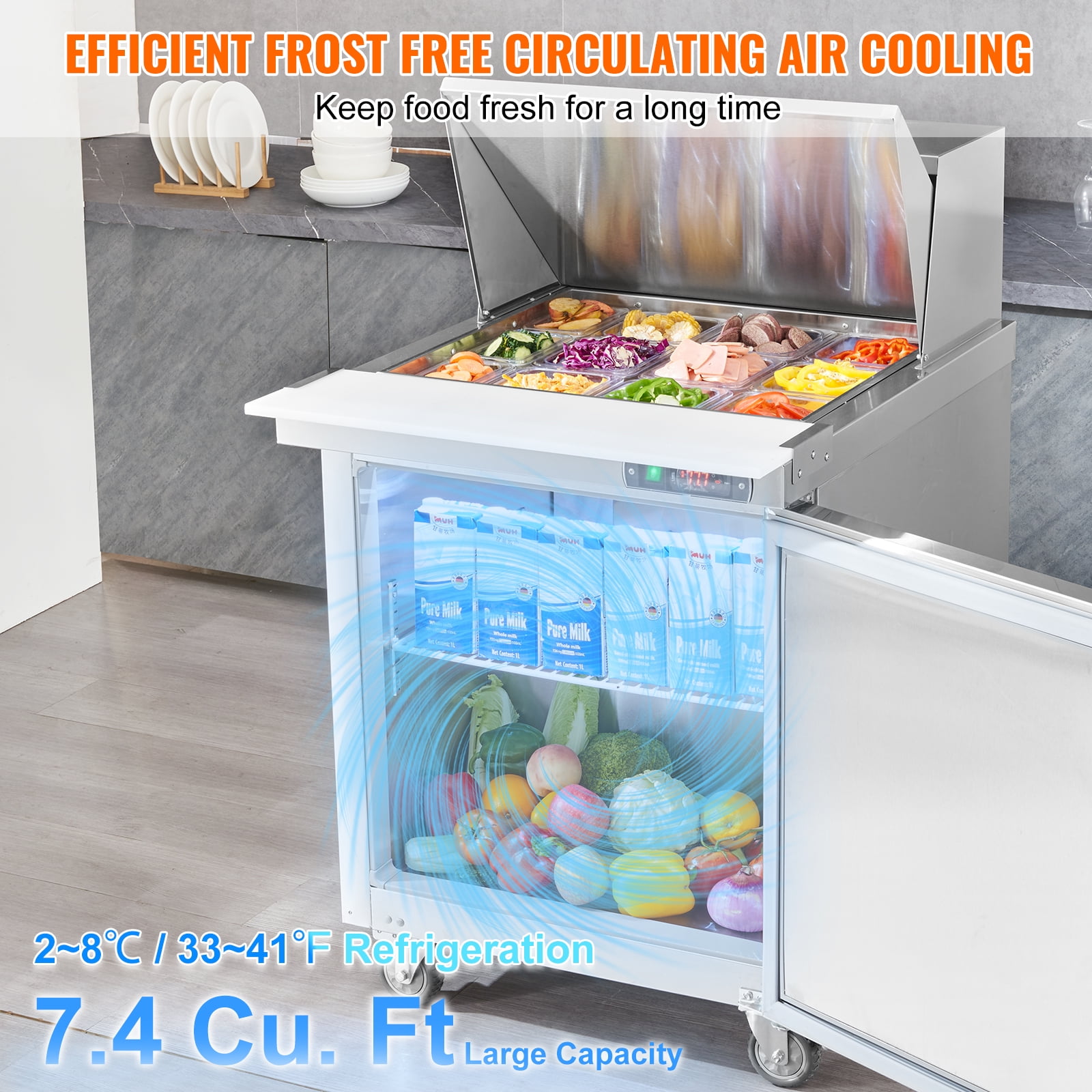 KFFKFF 28" Professional Cold Storage Unit & Salad Preparation Table, 7.4 Cubic Feet Stainless Steel Chilled Food Preparation Station with 12 Containers, Cutting Board, Defrosting Fridge with Lock