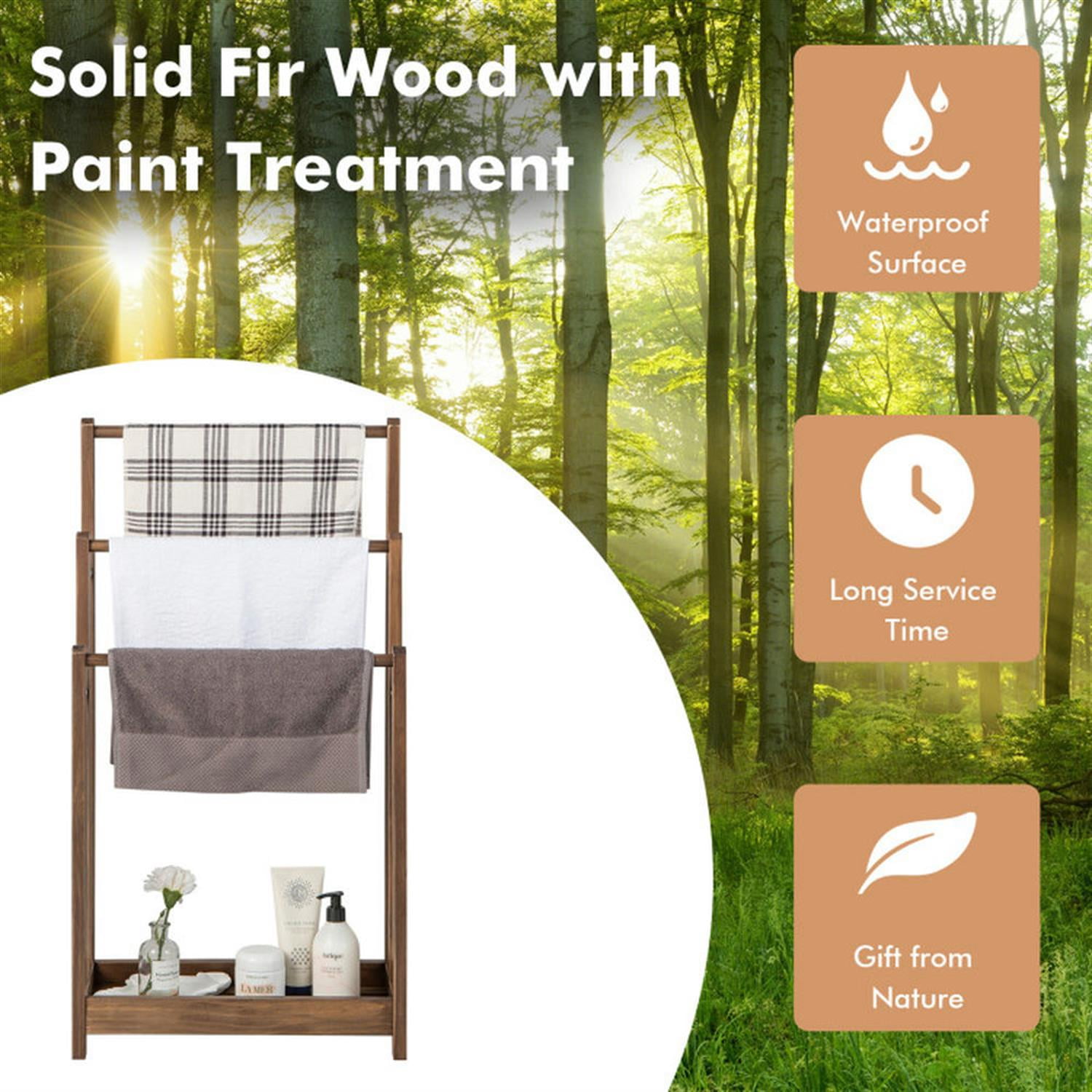 Demi Bonn Free Standing Towel Rack for Bathroom, 3-Bar Blanket Rack with Bottom Storage Shelf, Blanket Holder, Drying and Display Rack, Brown