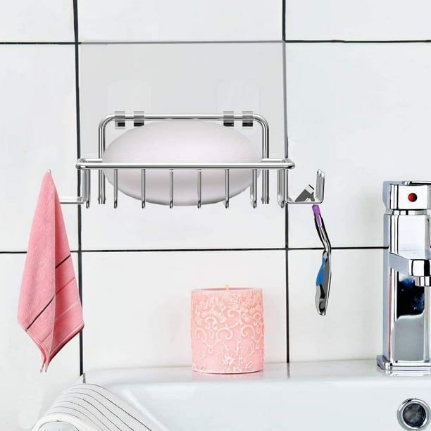 Jabonera para pared de ducha con ganchos, jabonera adhesiva de acero inoxidable para baño, plateada