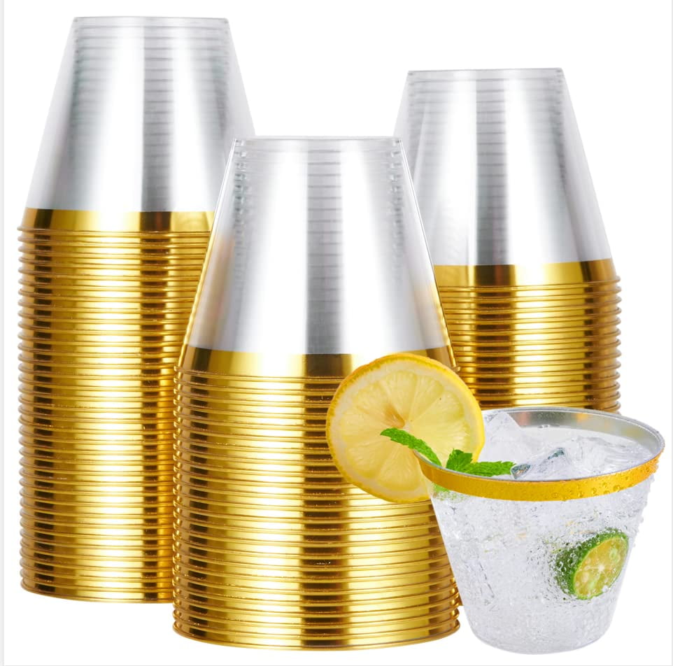 JOLLY CHEF 100 PACK Gold Plastic Cups, 9 Oz Clear Plastic Cups Tumblers