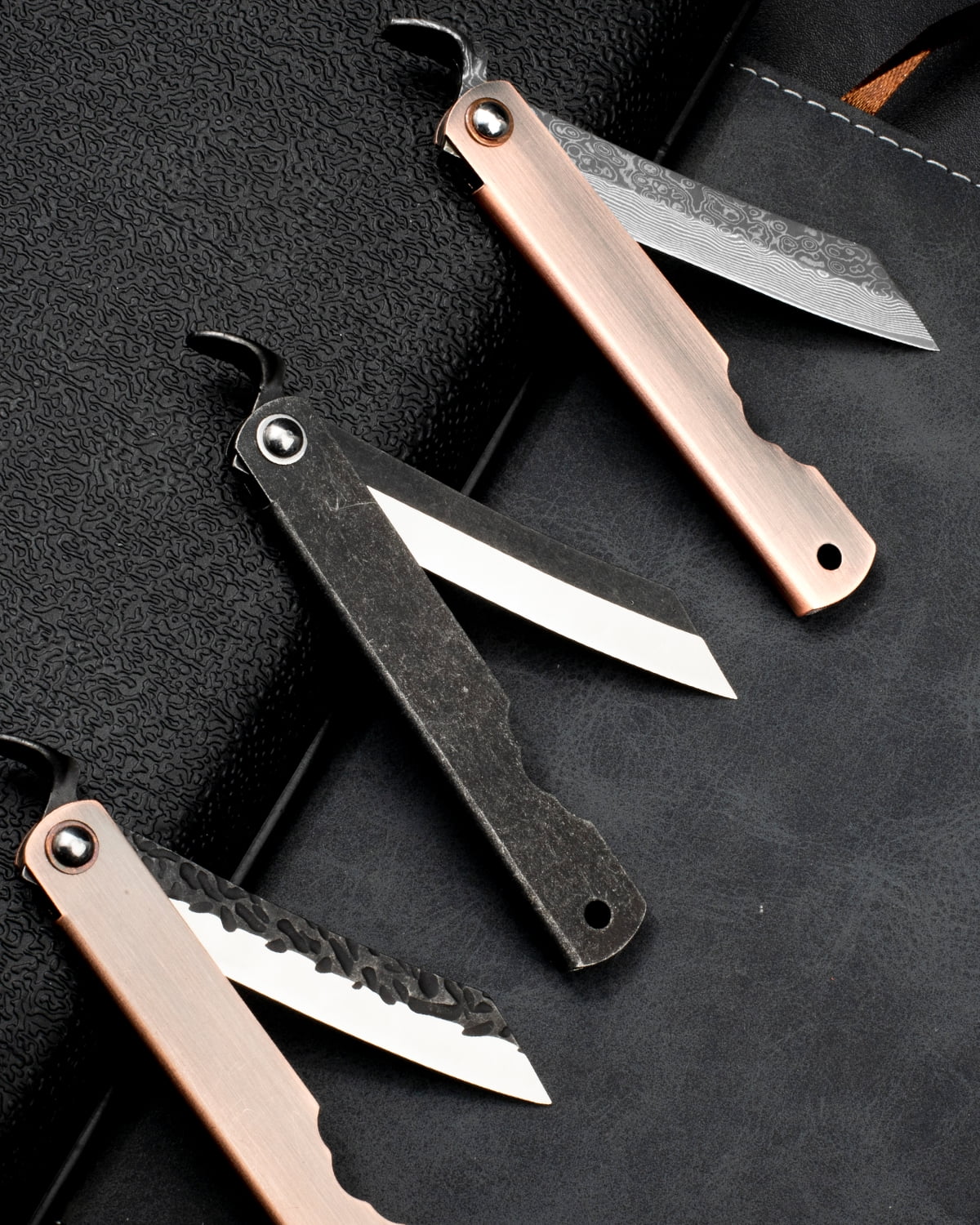 Dispatch  3.6-inch Blade Damascus Steel Folding Knife, Pocket Knife Red Bronze Plated Handle and Black PU Sheath