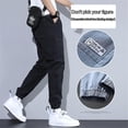 thumbnail image 4 of Men's Jean Cargo Pants All-matching Casual Pants Elastic Waist Trousers Drawstring Sports Pants Comfortable Harem Pants light grey X, 4 of 4