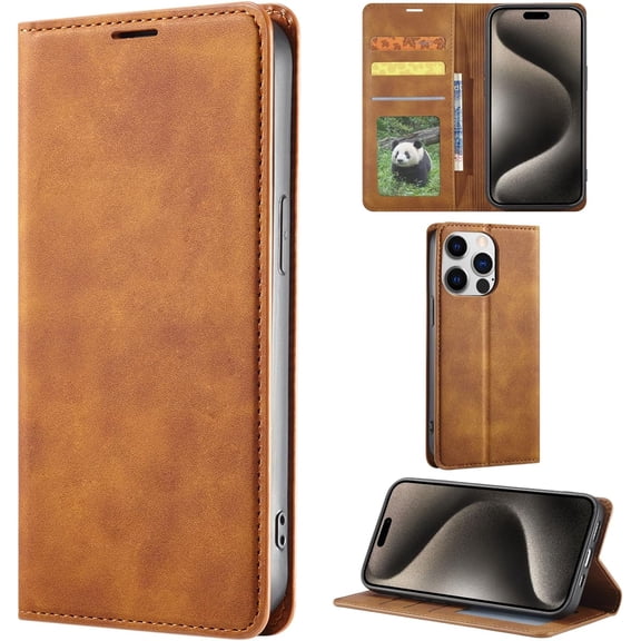 Wallet Phone Case for iPhone 16 Pro Max, Premium PU Leather Flip Case with Card Holder Cash Slots Magnetic Closure Built-in Kickstand Protective Durable Phone Cover Soft TPU Inner Case - Brown