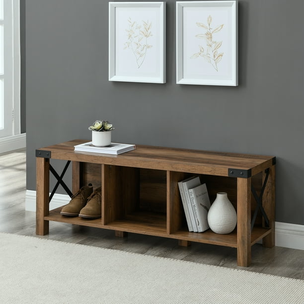 Rustic Farmhouse Entryway Storage Bench, Brown