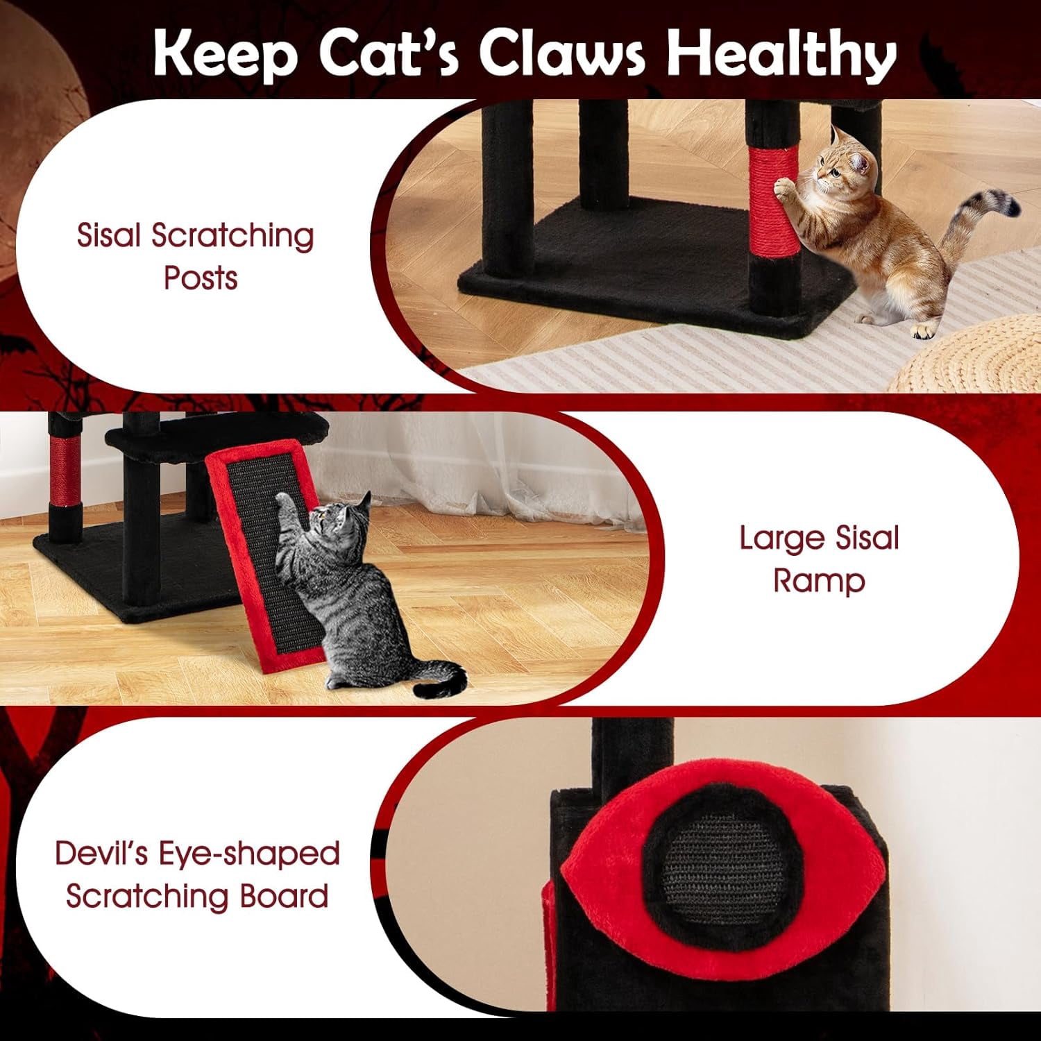 YounGG Gothic Cat Tree, Large Spooky Cat Tower with Sisal Scratching Posts & Ramp, 2 Cat Condos, 2 Devil Ear-Shaped Perches, Spider Toys, Bat-Shaped Platform, Basket Bed, Goth Cat Tree, Black & Red