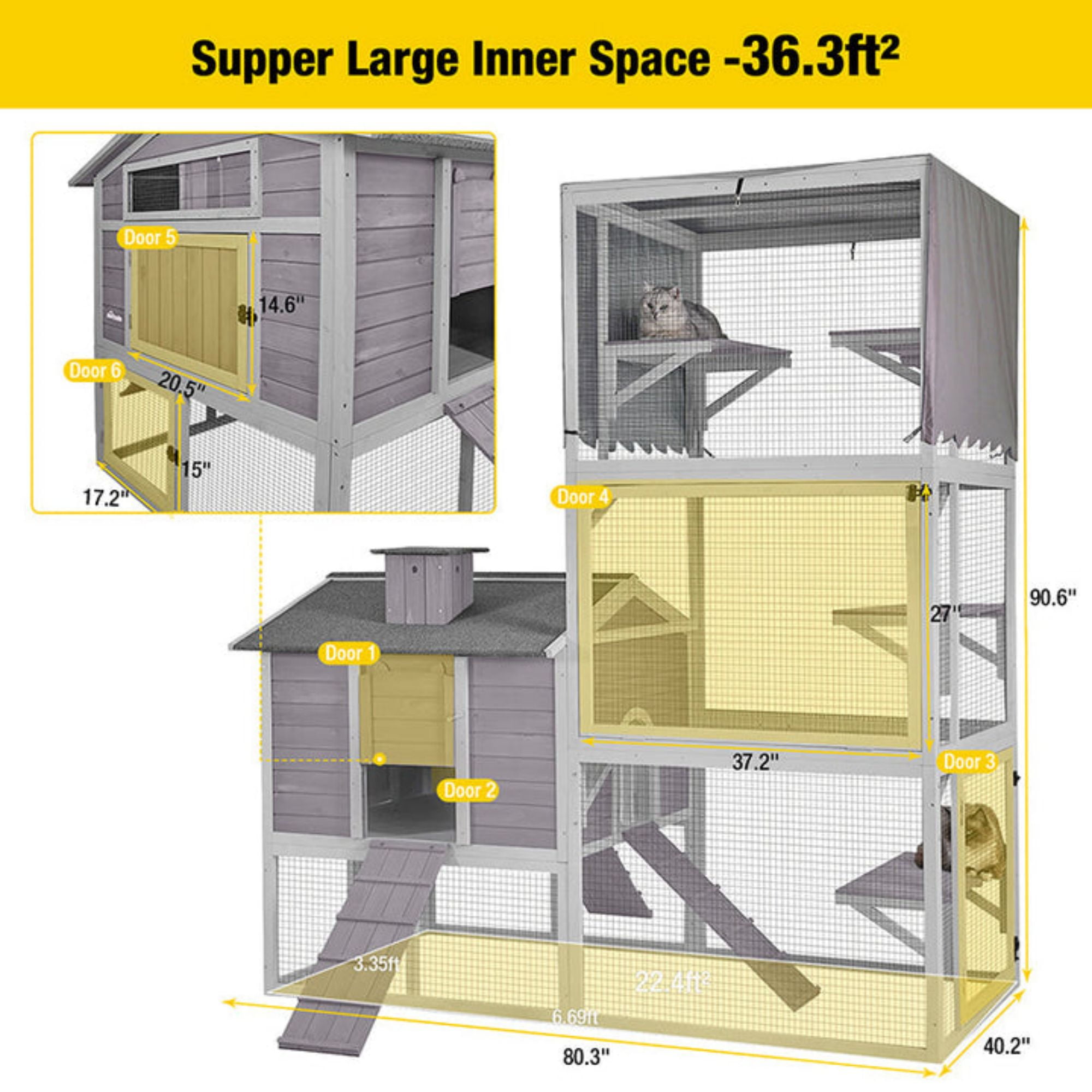 Aivituvin Catio Outdoor Cat House 90"H with 2 Bridges 6 Platforms Large Cat Enclosure for 2-3 Cats