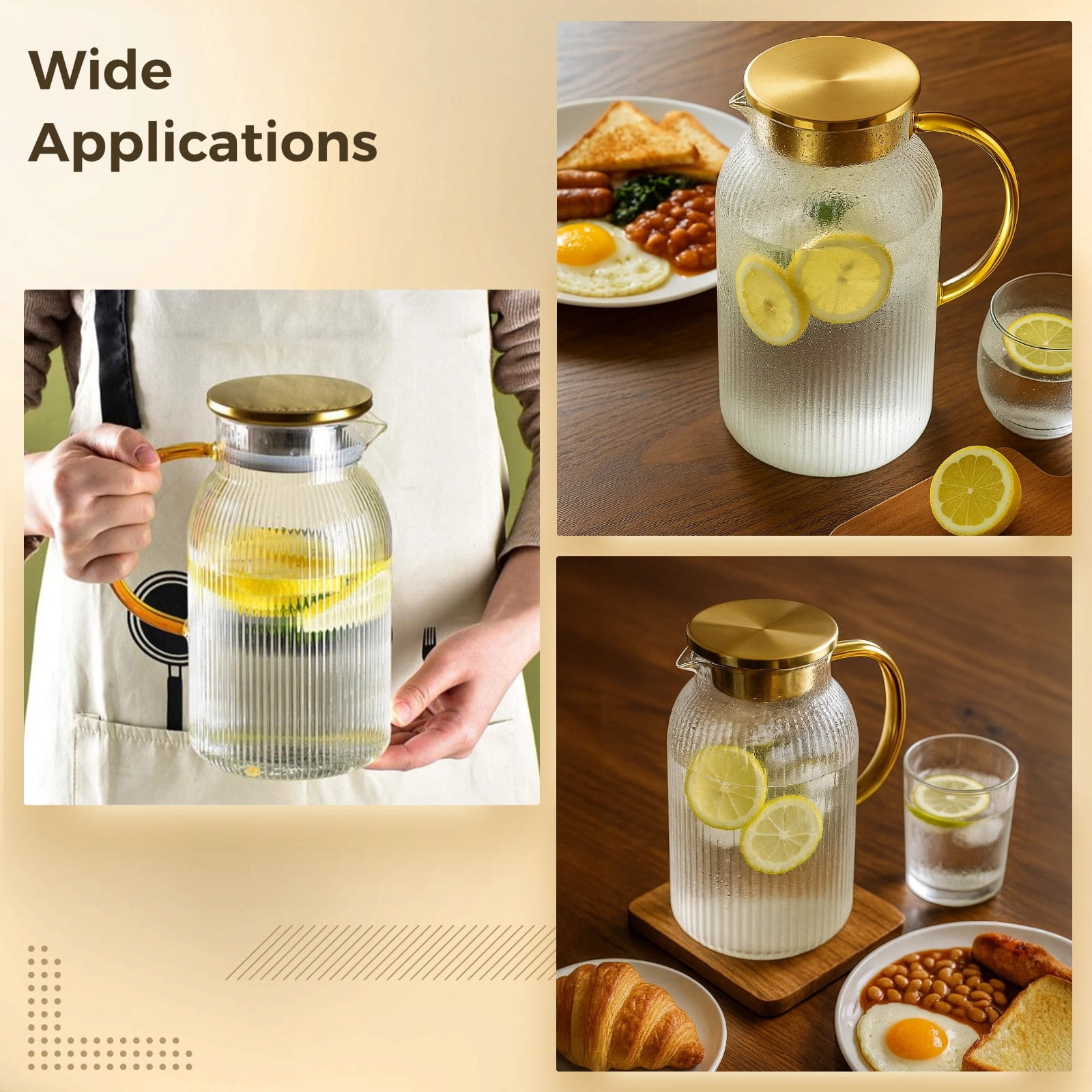 2 PCS Glass Pitcher with Lid, 64 oz Heat Resistant Borosilicate Carafe, Vertical Stripe Water Pitcher for Iced Tea, Juice, Lemonade, Coffee, Milk, Cold Brew, Fridge Beverage Server