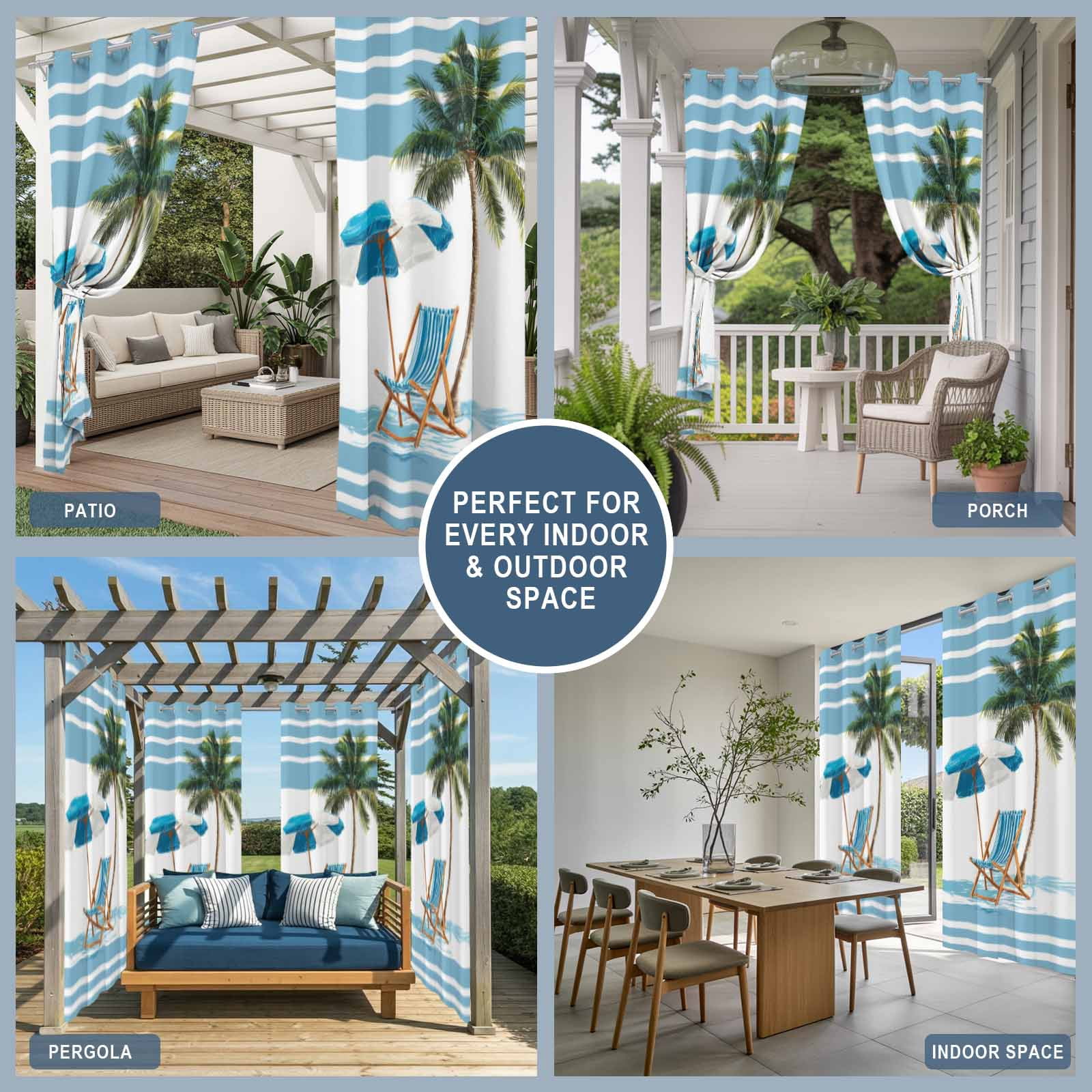 Summer Outdoor Curtains for Patio, Beach Scene Sun Umbrella Palm Trees Blue Stripes Modern Sunshade Privacy Drapes Grommet Waterproof Outside Curtains for Porch/Cabana/Balcony 54"x 108", 1 Panel