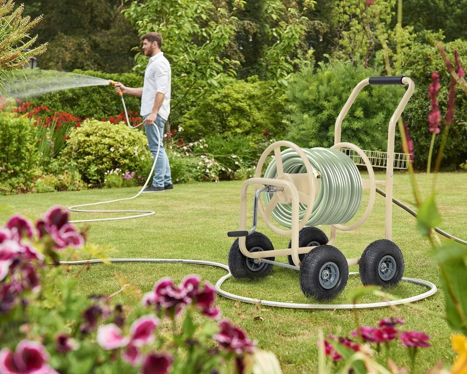 Dkelincs Garden Hose Reel Cart with Wheels 300 Ft of 5/8 in×6Ft Steel Portable Water Hose Reel with Storage Basket, Tan