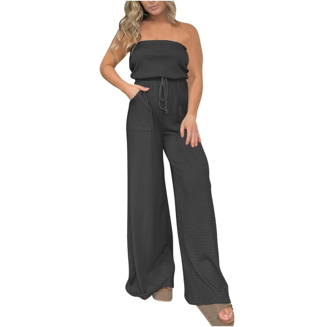 AherBiu Lounge Rompers for Women off Shoulder Sleeveless Drawstring Waist Wide Leg Jumpsuits with Pockets