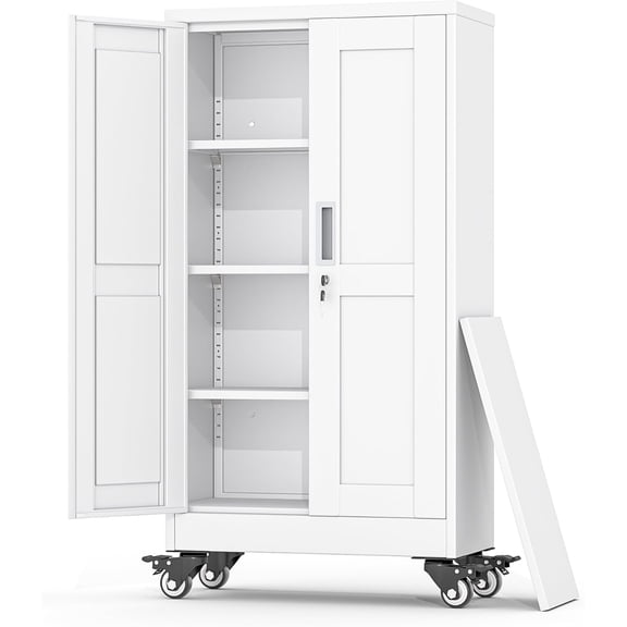 Metal Garage Storage Cabinets and storage system, 46”Tall Rolling utility cabinet with Wheels, Lock, 3 Adjustable Shelves, Heavy Duty Steel Tool Locker for Home Office, Utility Room, Gym,White