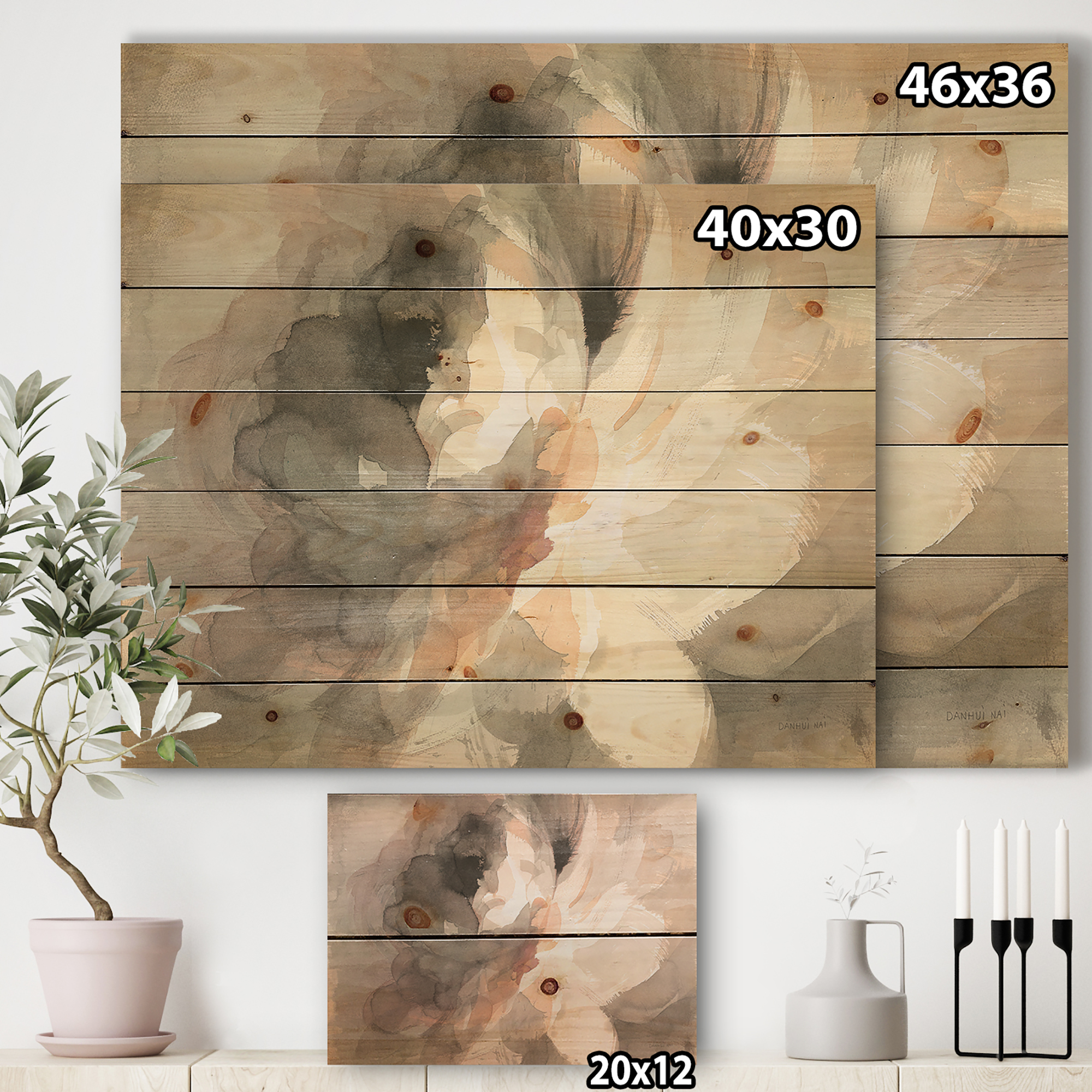 Designart 'Abstract Peony Grey' Pink Modern Print on Natural Pine Wood