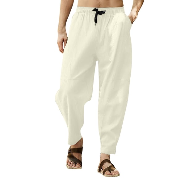 Pantalones largos casuales para hombre, pantalones cortos de lino de color liso con cordón ajustable, leggings largos estilo hip hop con farol, pantalones para hombre