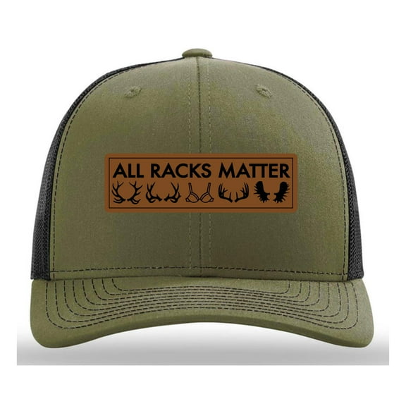 All Racks Matter Hat, Leather Patch Trucker Hat, Deer Hunting Cap, Gag Gift, Loden Black