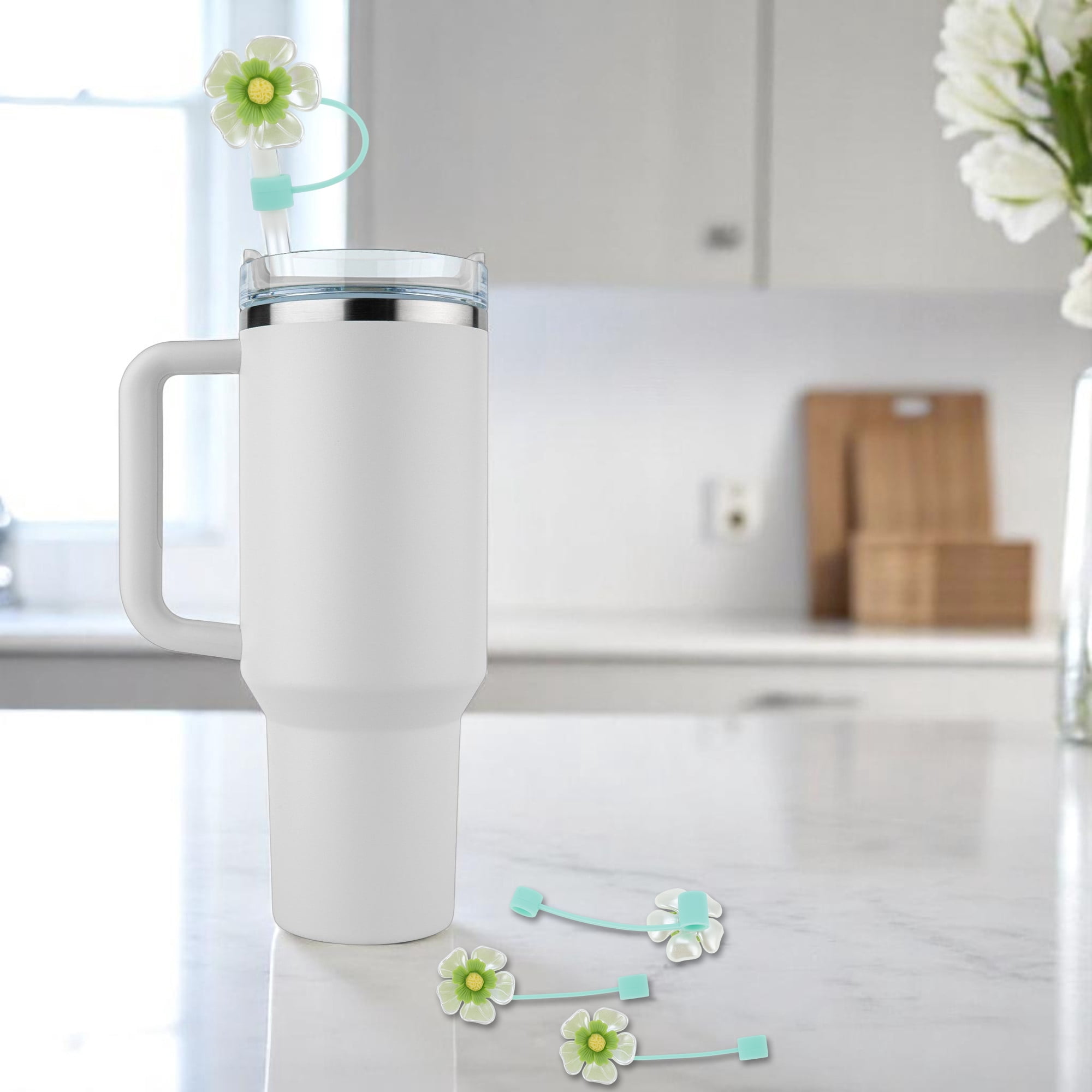 Unique Bargains 4Pcs Flower Straw Cover Cap Silicone Straw Covers for Drinkware Green