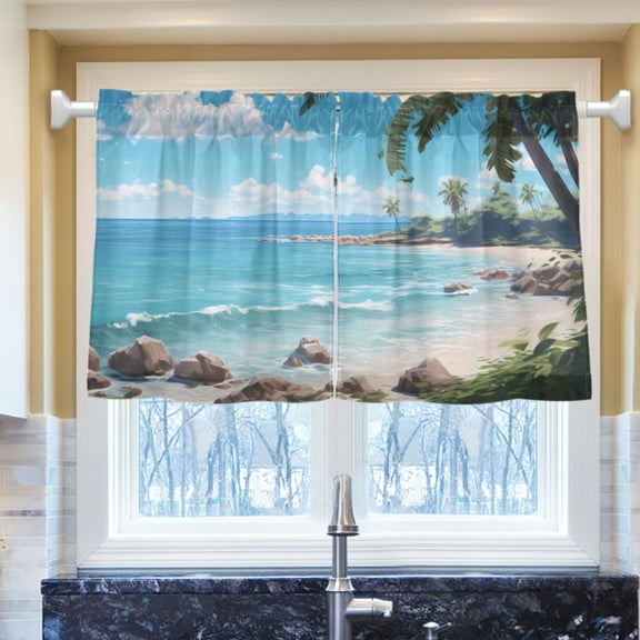Ryvnso Sea Landscape Half Curtains Sets Tier 2 Panels Short Curtain Rod Pocket 27"W x 24"L