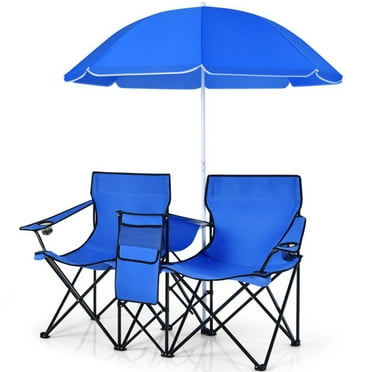 Fenbeli Portable Folding Picnic Double Chair With Removable Umbrella, Blue
