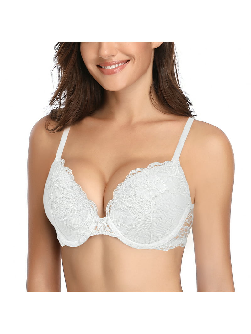 Deyllo Women's Sexy Lace Up Padded Plunge Add Cups Underwire Lift Up White 32DDD - Walmart.com
