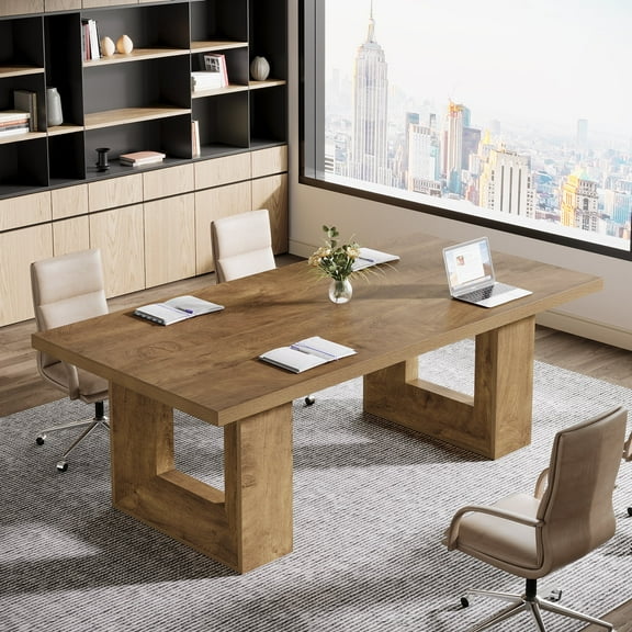 Finmind 5.25FT Modern Conference Table for 4-6, 63-inch Meeting Table with Sturdy Base, Large Business Workstation Boardroom Desk, Brown