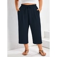 thumbnail image 6 of SHOWMALL Women's Plus Size Relaxed Fit Capris, Wrinkle-Free Casual Cropped Trousers with Drawstring, Navy Blue 1X Soft Loungewear for Work or Daily Errands, 6 of 8