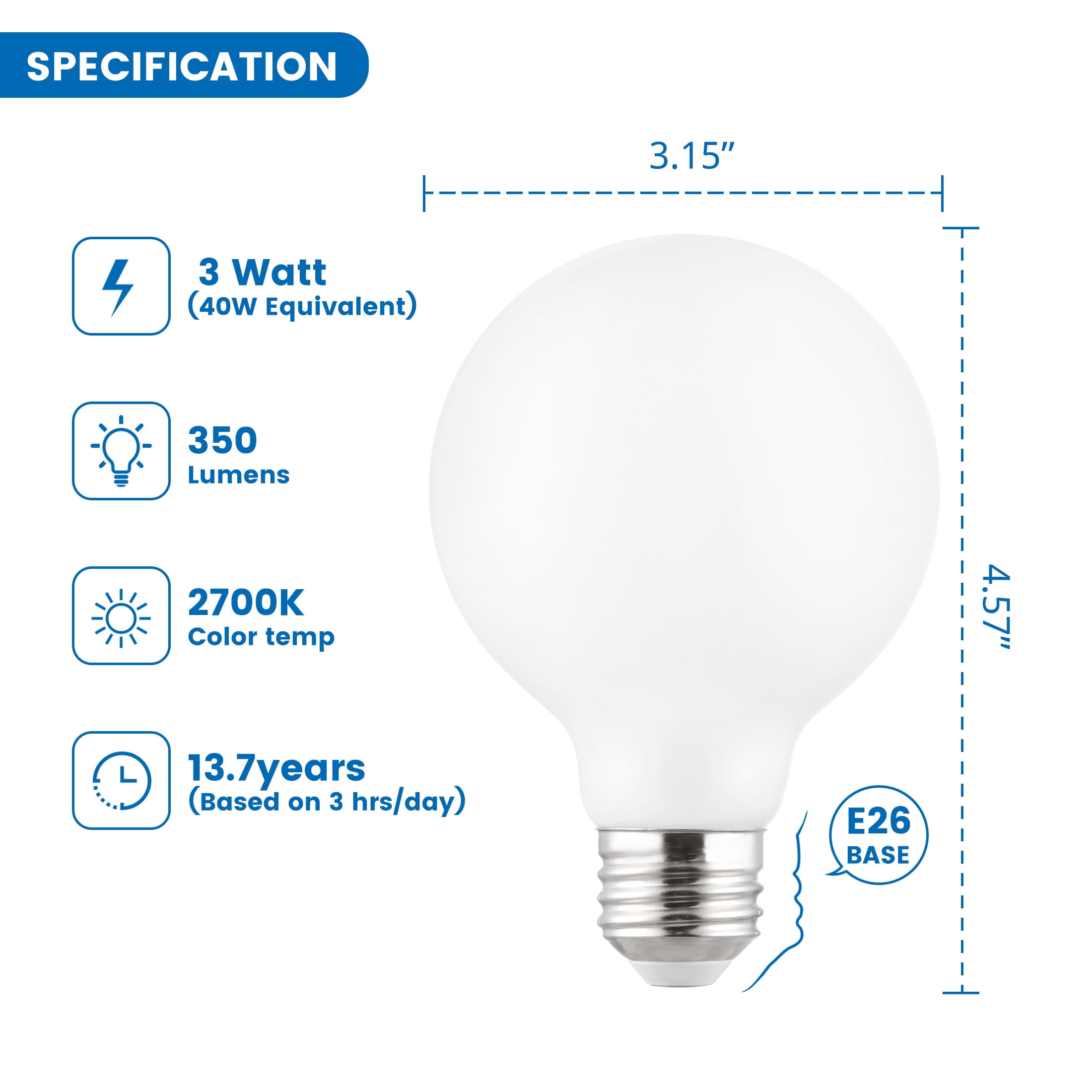 (2 pack) Great Value G25 LED Bulb, 3-Watt (40W Equivalent) Soft White Decorative Globe E26 Base Dimmable3 Pack