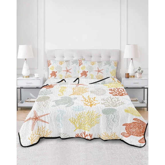 Quilts Queen Size, Orange Yellow Coastal Soft Comforter Bedding Set for Bed, Nautical Summer Beach Coral Sea Turtle Lightweight Quilted Bedspread with Pillow Cover(2 Pieces), 90x96 Inch