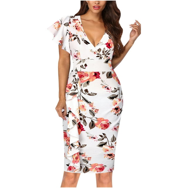 EQWLJWE Robes d'Été pour Femmes 2023 Femmes Aguichant Uni Col en V à Volants Manches Courtes Cocktail Fête Robes Froncées. Cette Robe Présente une base Blanche avec un Motif floral vibrant, un Décolleté en V Profond et des Manches Courtes à Volants. le design Froncé et la Coupe Longueur Genou Ajoutent une silhouette Flatteuse, la Rendant Idéale pour les Sorties Décontractées, les Fêtes Ou les Événements de Printemps et d'Été. Fabriquée en polyester, Elle Offre Confort et Durabilité. Montrée dans une Vue Orientée vers l'Avant.