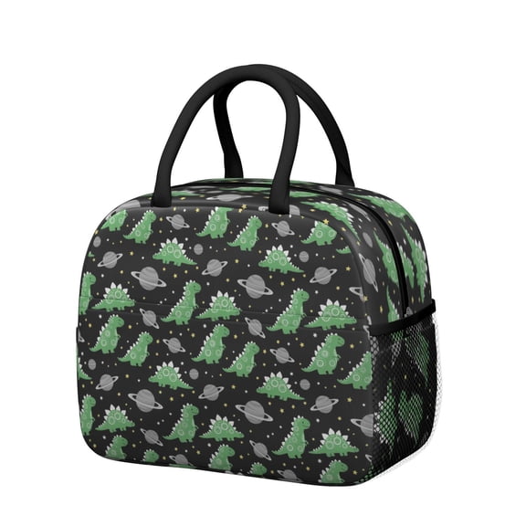 Womens Black Cartoon Space Dinosaurs Pattern Lunch Box for Work,Insulated Lunch Bag for Women,Loncheras Para Mujer,Leakproof Adult Lunch Bag for Work,Beach,Travel,Picnic,Camping