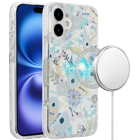 For iPhone 16 6.1 inch Magnetic Double Layer IMD Design Case - Blue Floral