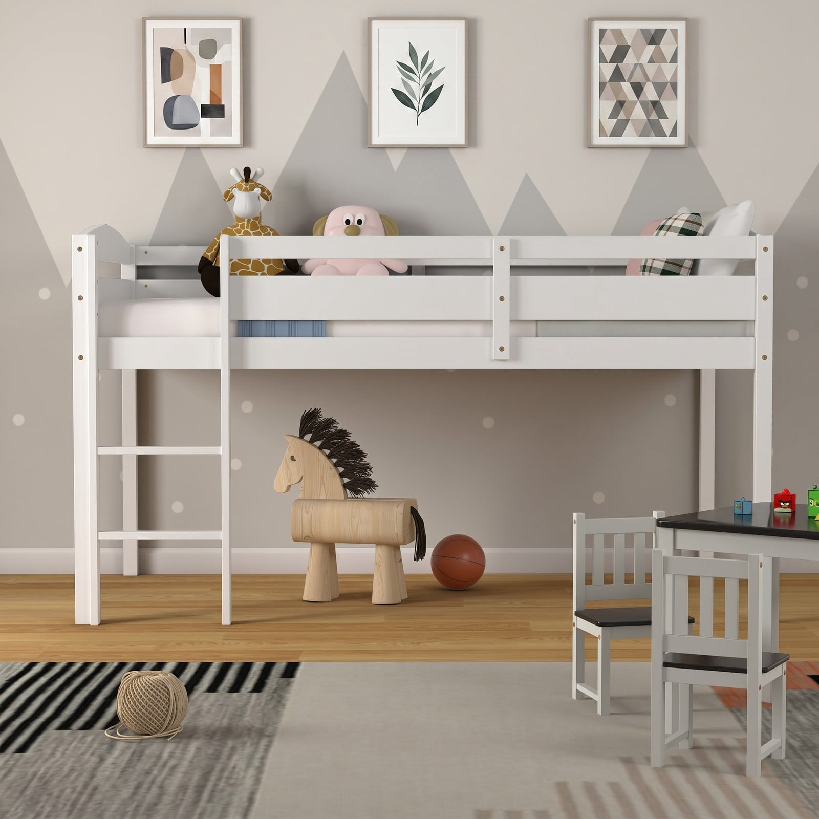 Furnibear Twin Low Loft Bed with Guardrail and Ladder Solid Wood Frame with Open Under-bed Storage Space for Kids, White