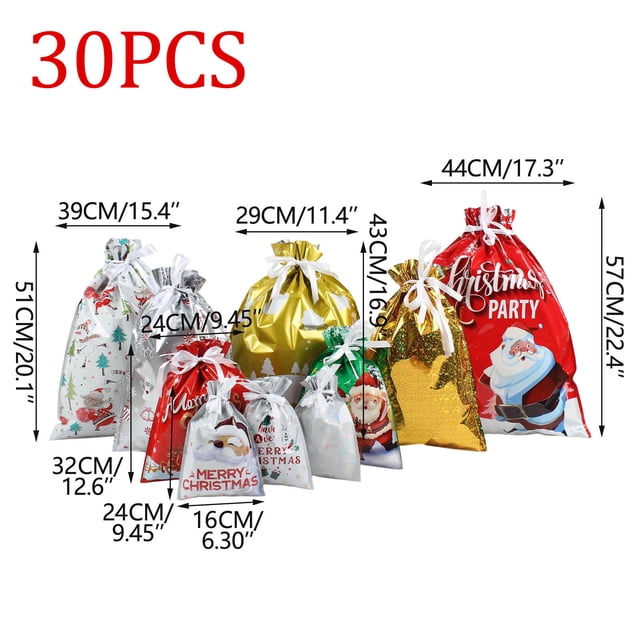 Leodye Christmas Bags 30Pcs Christmas Drawstring Gift Bags Assorted Sizes Large Medium Small Wrapping Bags Design Goody Bags for Presents with Tags Xmas Gift Bags for Party